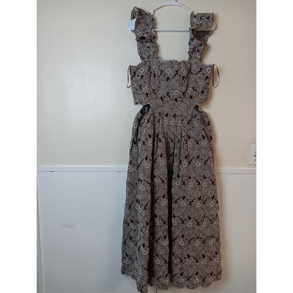 Sofie The Label Dress Womens L Brown Lace Maxi Sundress Ruffle Strap Square Neck